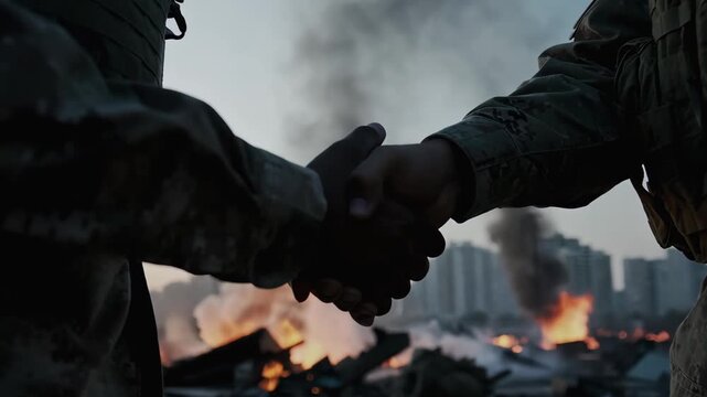 Silhouette of two military soldiers shaking hands stands against grim background of burning, ruined city at dusk. Symbol of accord amidst widespread chaos and total devastation. Armistice ceasefire