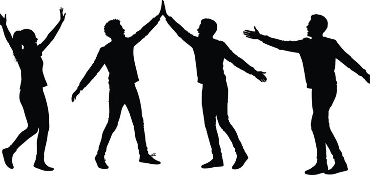 Silhouette people celebrating teamwork success, group high five gesture, business collaboration unity, friends greeting together, community support connection, positive energy partnership
