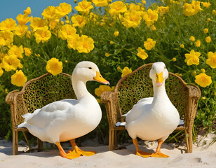 Obraz premium A pair of white ducks is sitting on chairs on the beach with yellow flowers.
