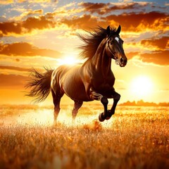 Obraz premium Galloping black horse at sunset open field nature photography vibrant landscape dynamic perspective freedom and grace