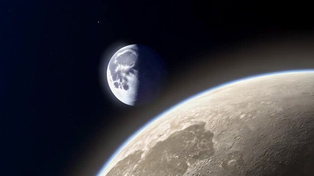 Imaginary view from an alien exoplanet, looking towards its orbiting moon. Beautiful cosmic scene depicts two celestial bodies in deep space, creating a serene and mysterious atmosphere