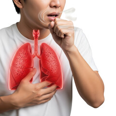 Man coughing with glowing red lungs isolated on transparent background