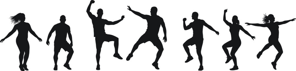 Silhouette people jumping dancing, energetic human motion, group activity illustration, dynamic body movement, expressive lifestyle concept, fitness celebration, joyful performance,