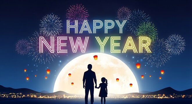 Celebrate new beginnings with family under a vibrant firework display and glowing lanterns, wishing everyone a happy new year and a prosperous future