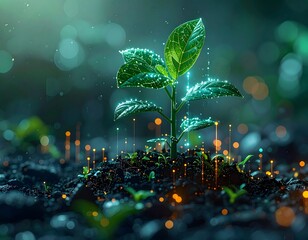 Digitally enhanced plant, emanating light from soil to leaves