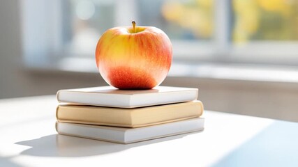 Fresh red yellow apple on stack of books by window during daylight education concept healthy snack - Powered by Adobe