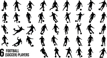 Football player silhouette set, soccer action poses vector, dribbling, kicking, passing, running motion icons, athletic movement, sports training, black graphic design