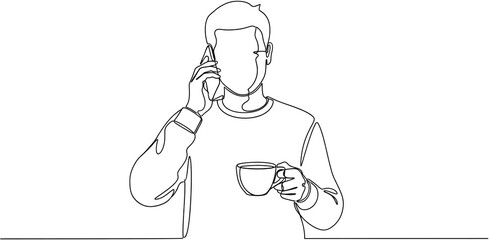 Fototapeta premium Minimalist line drawing of a man talking on a phone while holding a cup of coffee call drinking hand device communication
