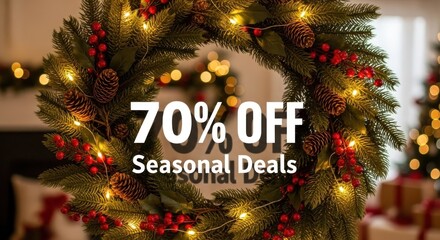 Christmas wreath with lights and red berries with 70 off seasonal deals