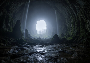 A picturesque view of the exit from a dark large cave into open terrain.