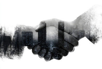 Urban Partnership: Handshake Cityscape Double Exposure