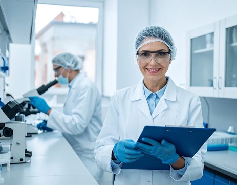 Scientist in lab coat, cap, and glasses smiles, clipboard in hand