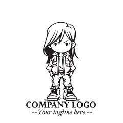 Black and White Chibi Girl Standing in Jacket, Pants, and Boots. Simple Bold Vector Illustration
