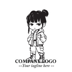 Black and White Chibi Girl Standing in Jacket, Pants, and Boots. Simple Bold Vector Illustration