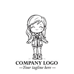 Black and White Chibi Girl Standing in Jacket, Pants, and Boots. Simple Bold Vector Illustration