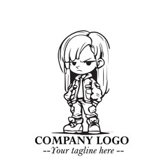 Black and White Chibi Girl Standing in Jacket, Pants, and Boots. Simple Bold Vector Illustration