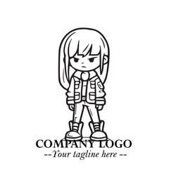 Black and White Chibi Girl Standing in Jacket, Pants, and Boots. Simple Bold Vector Illustration