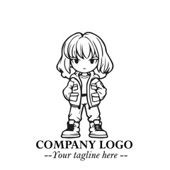Black and White Chibi Girl Standing in Jacket, Pants, and Boots. Simple Bold Vector Illustration