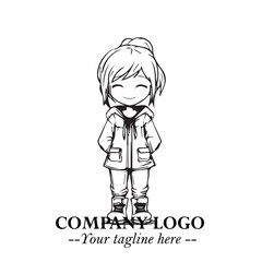 Black and White Chibi Girl Standing in Jacket, Pants, and Boots. Simple Bold Vector Illustration