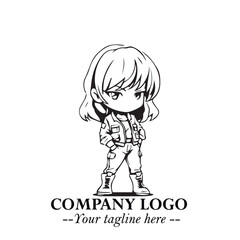 Black and White Chibi Girl Standing in Jacket, Pants, and Boots. Simple Bold Vector Illustration