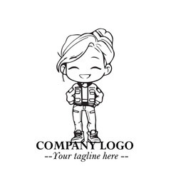 Black and White Chibi Girl Standing in Jacket, Pants, and Boots. Simple Bold Vector Illustration