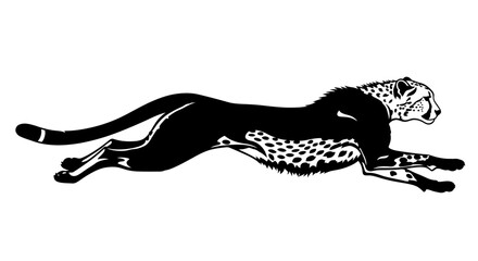 Black and white illustration of a cheetah running at full speed.
