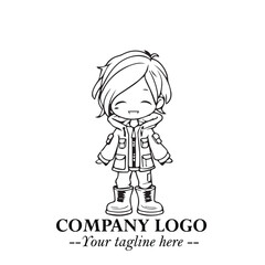 Black and White Chibi Girl Standing in Jacket, Pants, and Boots. Simple Bold Vector Illustration