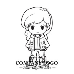 Black and White Chibi Girl Standing in Jacket, Pants, and Boots. Simple Bold Vector Illustration