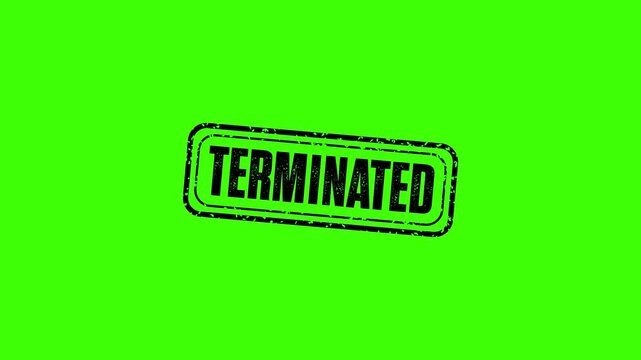 Terminated rubber stump animation. Terminated distressed texture effect motion graphics. text slide down video footage. stamp zooming text seal.