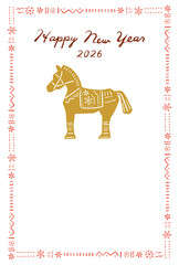 2026年賀状テンプレート　版画風馬のイラスト