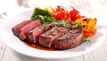 A medium-rare steak, sliced, with roasted vegetables, garnished with rosemary, presented on a white plate