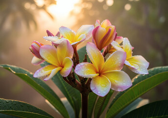 Fototapeta premium Morning Dew on Vibrant Tropical Plumeria Blossoms 