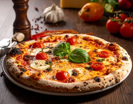 Delicious Neapolitan style Margherita pizza with fresh basil, mozzarella, and cherry tomatoes on a rustic wooden table - Powered by Adobe