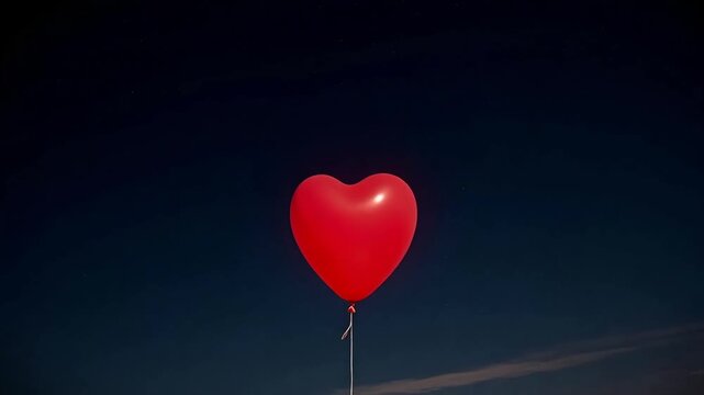 Single red heart-shaped balloon floats against a deep blue sky