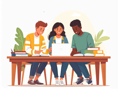 Three students studying together at a desk with a laptop and books in a casual, collaborative setting.