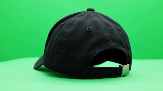 A black baseball cap on a green backdrop. Side view, showing details of stitching and fabric