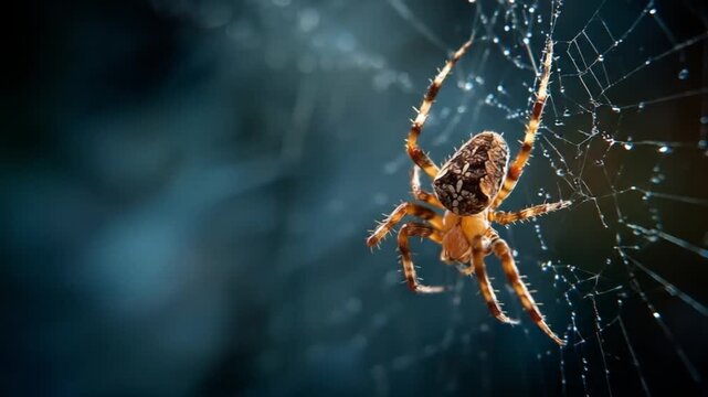 A lone amber spider suspended on a delicate web amid moody blue-green bokeh and dew, softly lit dawn