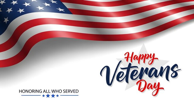 veterans day, A patriotic composition pays homage to Veterans Day, featuring the American flag in a dynamic display, the words Happy Veterans Day, and a symbol of stars.