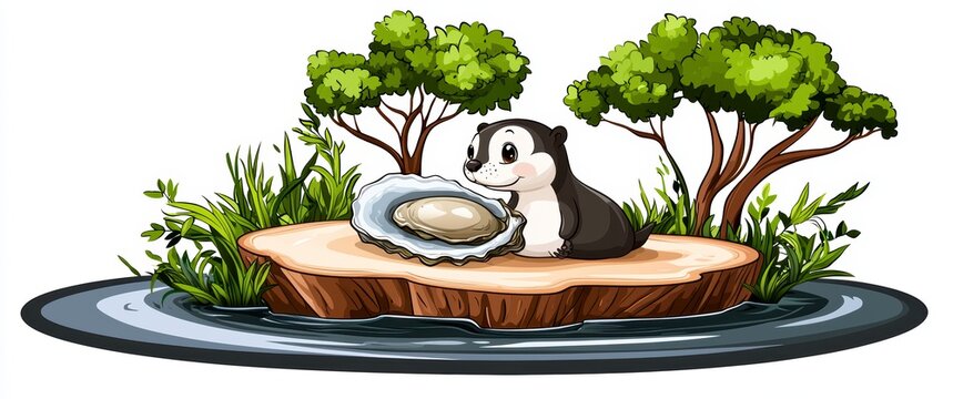 otter with oyster on island clip art preview