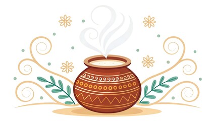 Pongal Festival Icon &ndash; Boiling Clay Pot with Artistic Swirls and Minimal Design