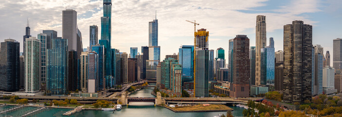 Aerial Panoramic View of Downtown Chicago, Illinois Skyline over the Chicago River November 4, 2025