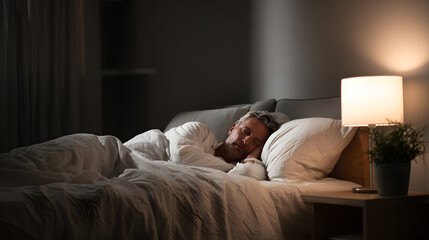 Man sleeping peacefully in a cozy bedroom with soft lighting and warm atmosphere