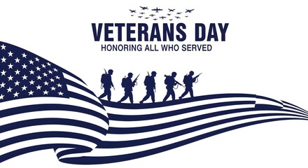 veterans day, A heartfelt tribute to Veterans Day, where silhouette soldiers march proudly alongside the American flag, a visual salute to those who served.