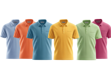 Detailed colorful polo shirt collection organized in a clean catalog layout with realistic textile textures and neat design.jpeg
