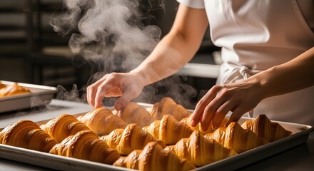 Freshly baked croissants in bakery kitchen with steam rising in morning light