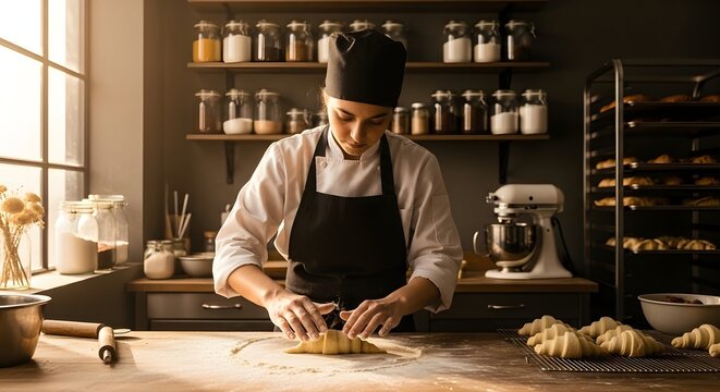 Chef crafting pastries in sunlit bakery kitchen for culinary art and baking enthusiasts