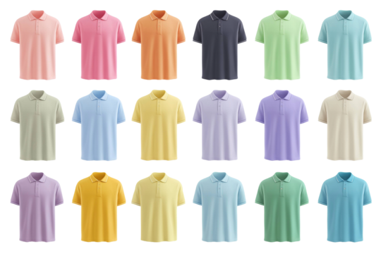 Minimalist template of twenty polo shirts in bright tones front and back clothing layout for fashion presentation design.jpeg