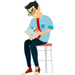 Business Man Character Vector Working Sitting on a Stool Wearing Blue Shirt Red Tie and Dark Pants Writing on Tablet White Background