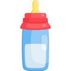 Cartoon Baby Bottle With Red Cap And Yellow Nipple Filled With Milk Against White Background