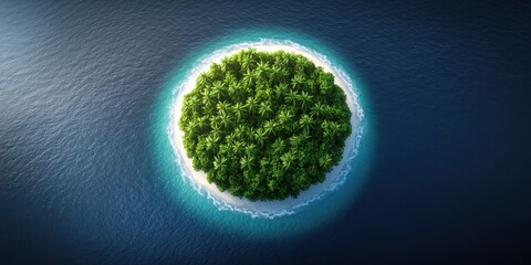 Sustainability resources policy concept. Aerial view of a lush, circular island surrounded by vibrant blue ocean waters.